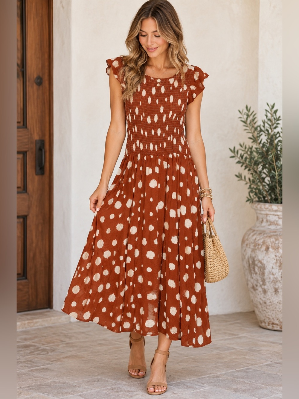 THML Rust Smocked Bodice Flutter Sleeve Midi Dress Size Small